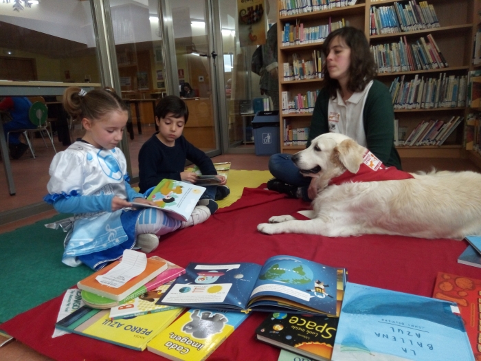 A cadela Nora axuda a ler aos nenos e nenas de Sada